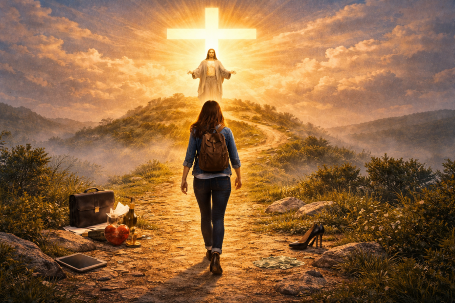 a photo depicting a woman leaving everything behind and walking towards Jesus